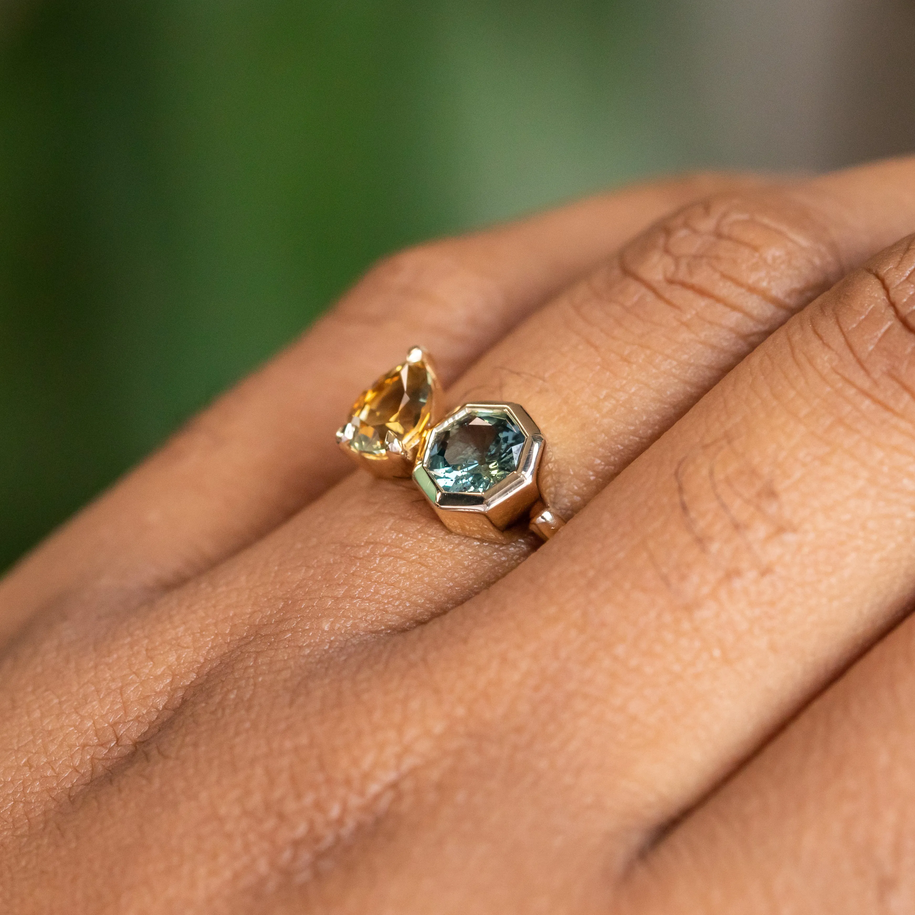 1.01ct Pear Montana Sapphire and 0.80ct Octagon Sapphire Low Profile Ring in 14k Yellow Gold