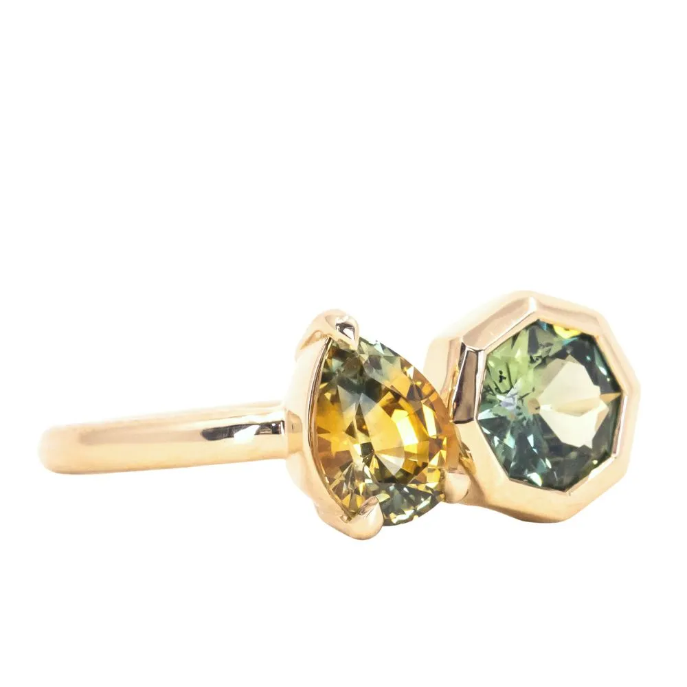 1.01ct Pear Montana Sapphire and 0.80ct Octagon Sapphire Low Profile Ring in 14k Yellow Gold