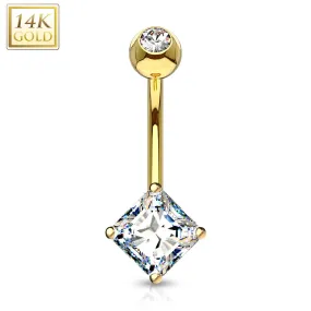 14 Karat Solid Gold Navel Ring with Square Princess Cut CZ