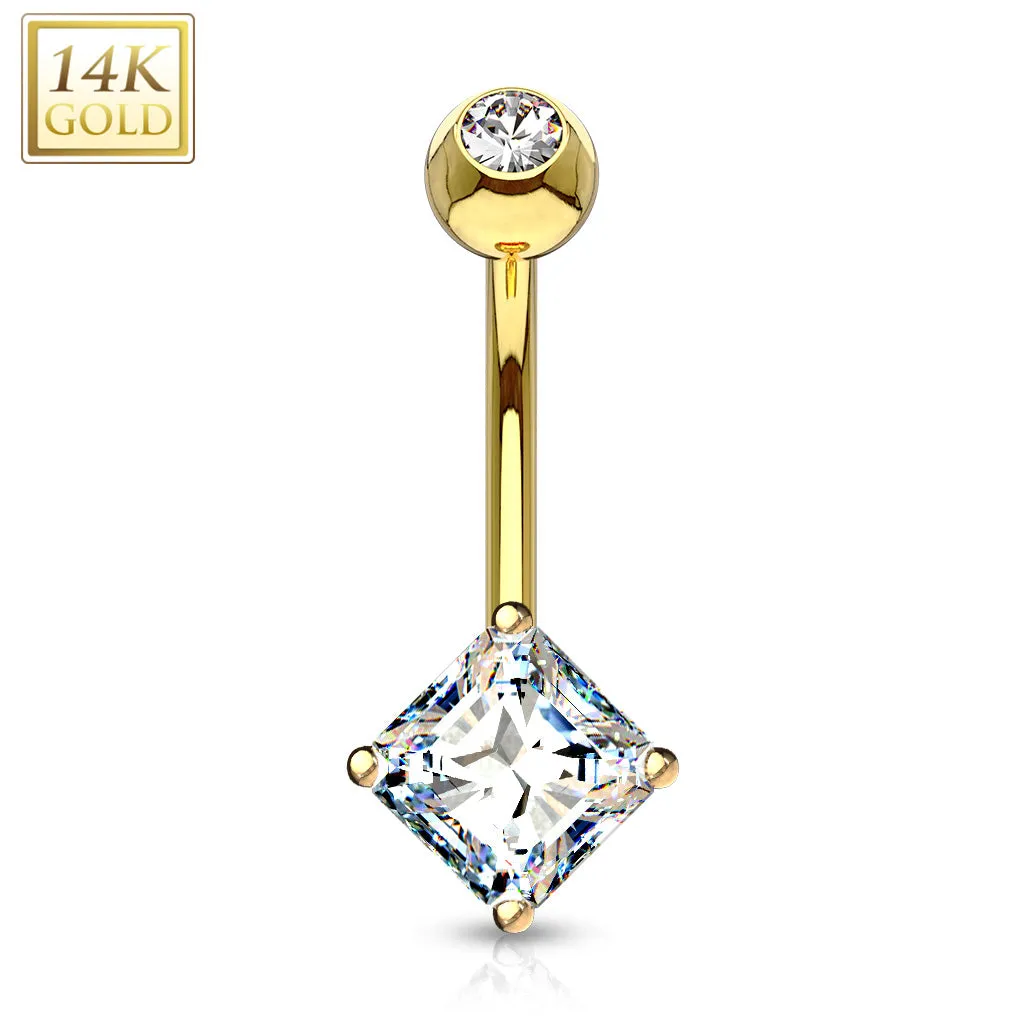 14 Karat Solid Gold Navel Ring with Square Princess Cut CZ