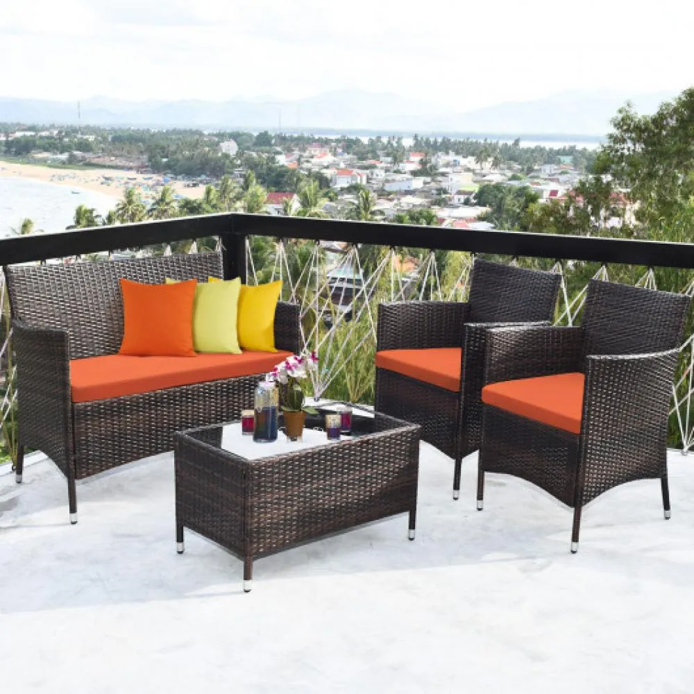 4 Pieces Comfortable Outdoor Rattan Sofa Set with Glass Coffee Table-Turquoise