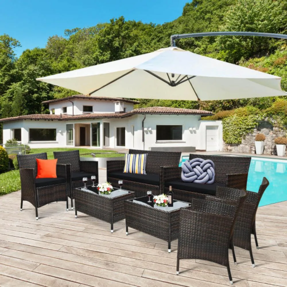 4 Pieces Comfortable Outdoor Rattan Sofa Set with Glass Coffee Table-Turquoise