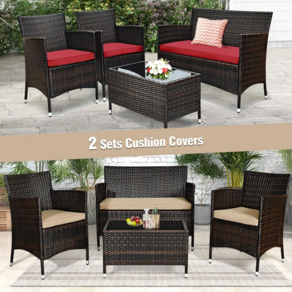 4 Pieces Comfortable Outdoor Rattan Sofa Set with Glass Coffee Table-Turquoise