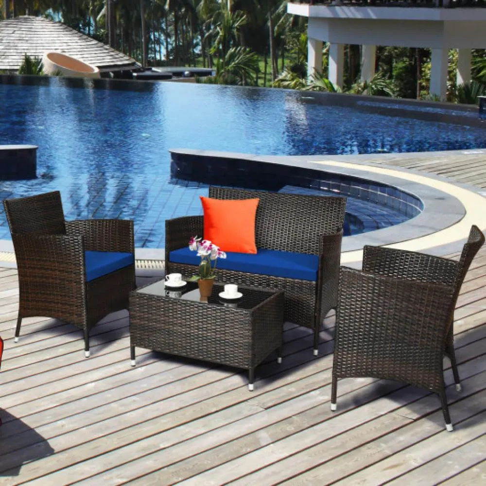 4 Pieces Comfortable Outdoor Rattan Sofa Set with Glass Coffee Table-Turquoise