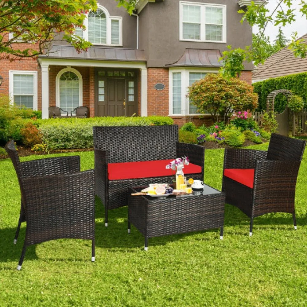 4 Pieces Comfortable Outdoor Rattan Sofa Set with Glass Coffee Table-Turquoise