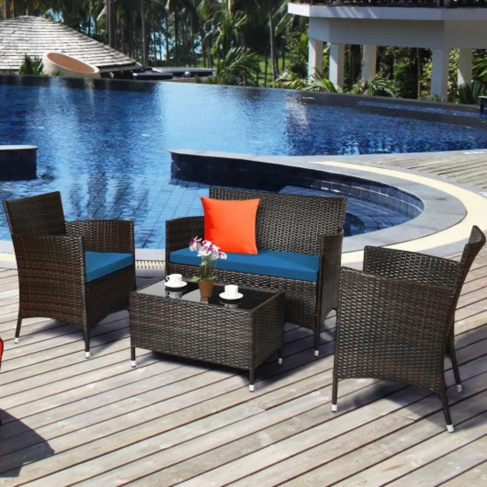 4 Pieces Comfortable Outdoor Rattan Sofa Set with Glass Coffee Table-Turquoise