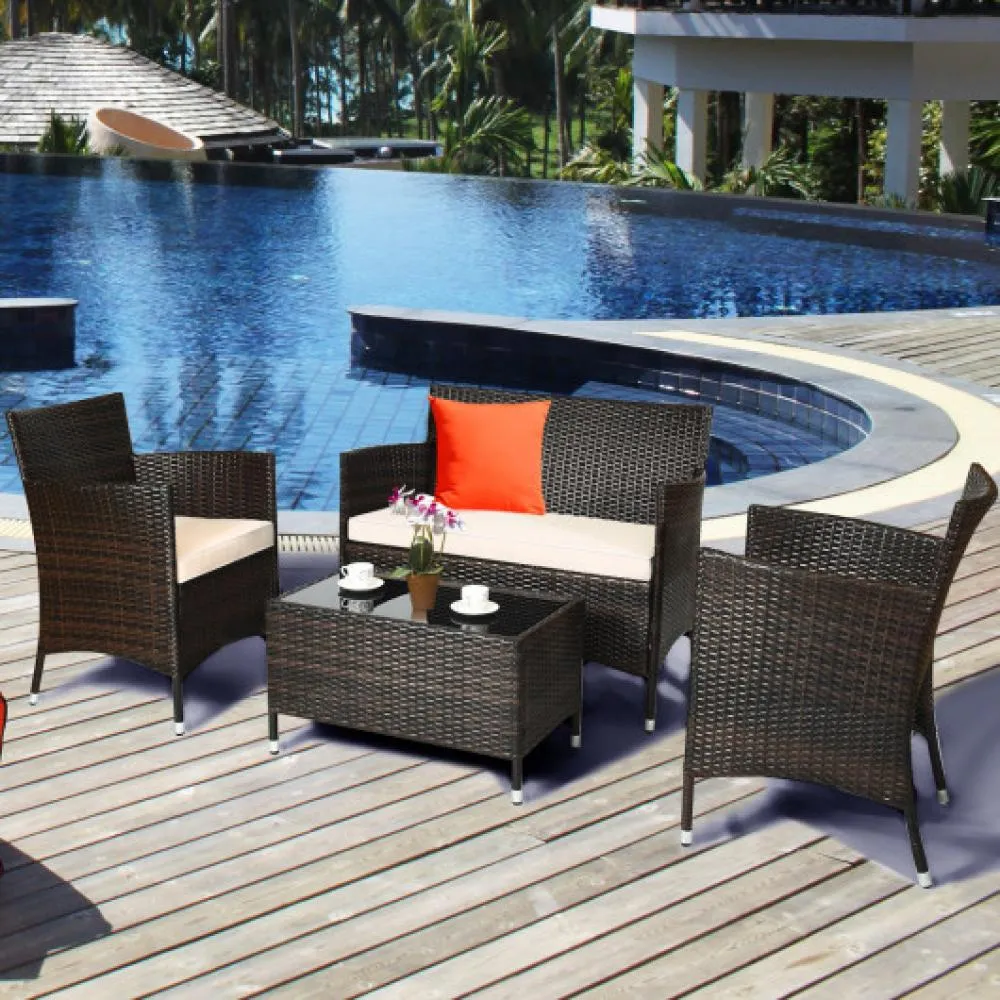 4 Pieces Comfortable Outdoor Rattan Sofa Set with Glass Coffee Table-Turquoise