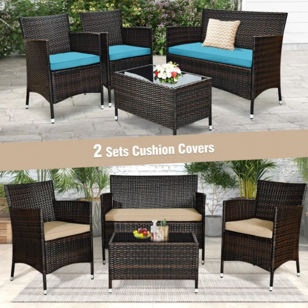 4 Pieces Comfortable Outdoor Rattan Sofa Set with Glass Coffee Table-Turquoise