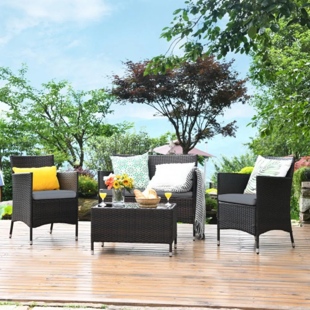 4 Pieces Comfortable Outdoor Rattan Sofa Set with Glass Coffee Table-Turquoise