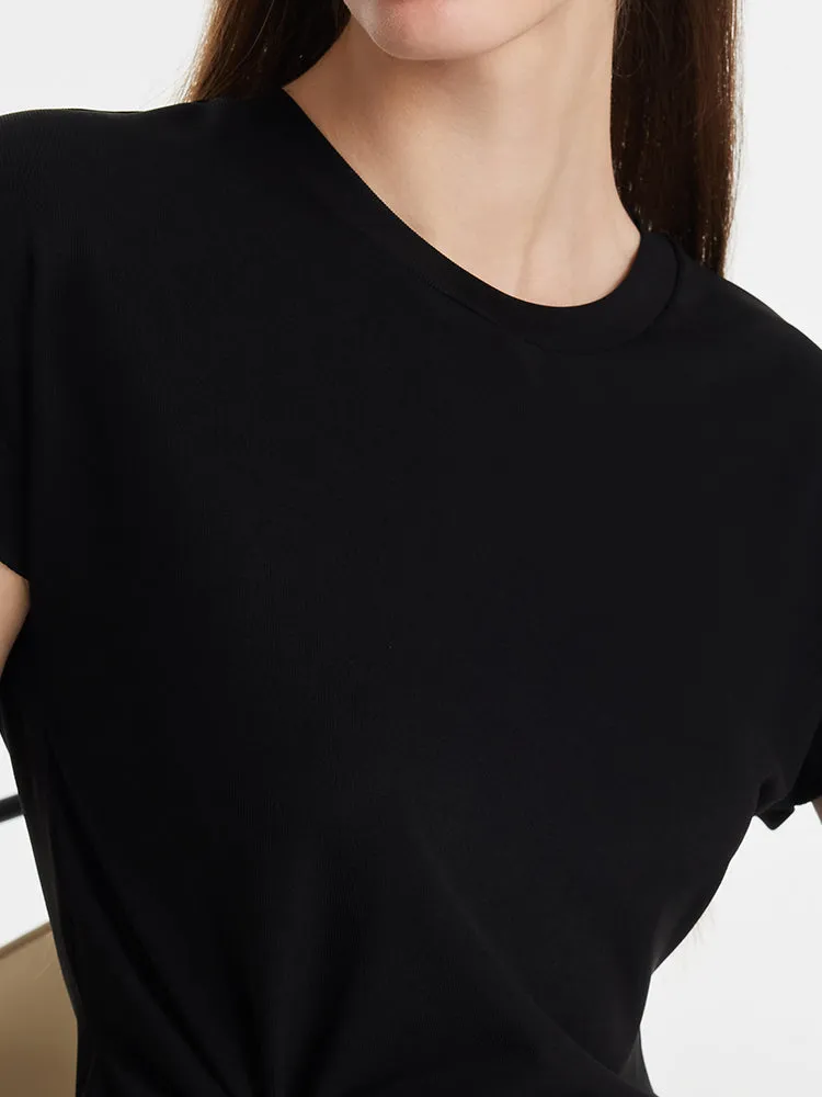 Acetate Waist Twist Asymmetric Hem Women Knit Top