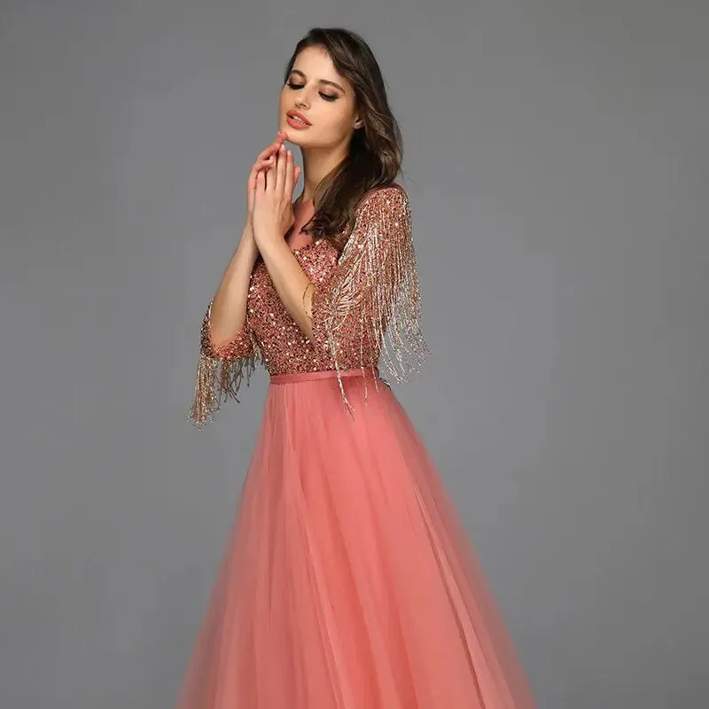 AIZA - Tassel Beading Gown In Rose Gold