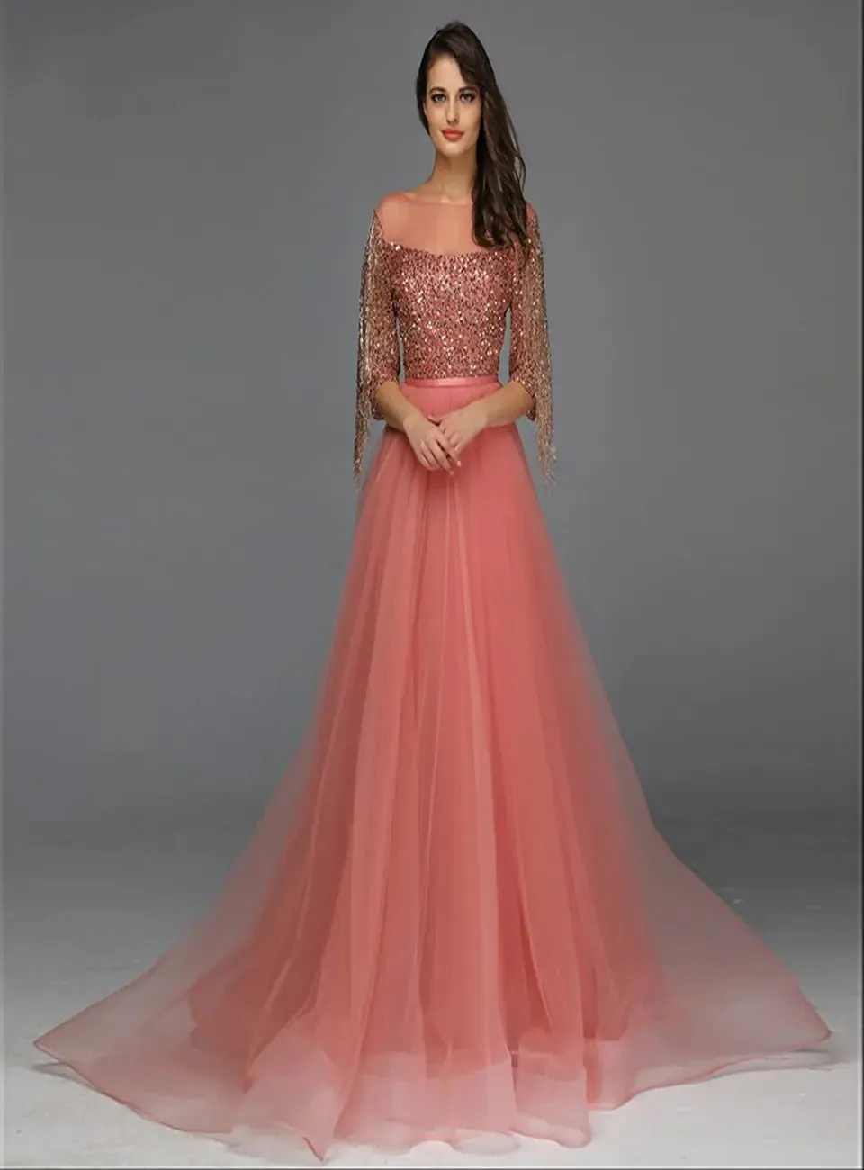 AIZA - Tassel Beading Gown In Rose Gold