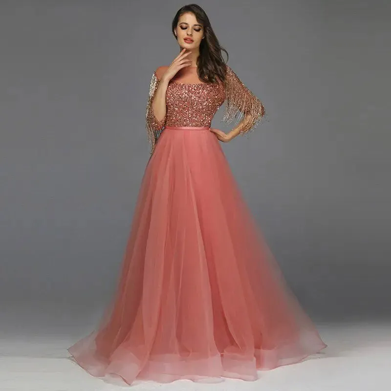 AIZA - Tassel Beading Gown In Rose Gold