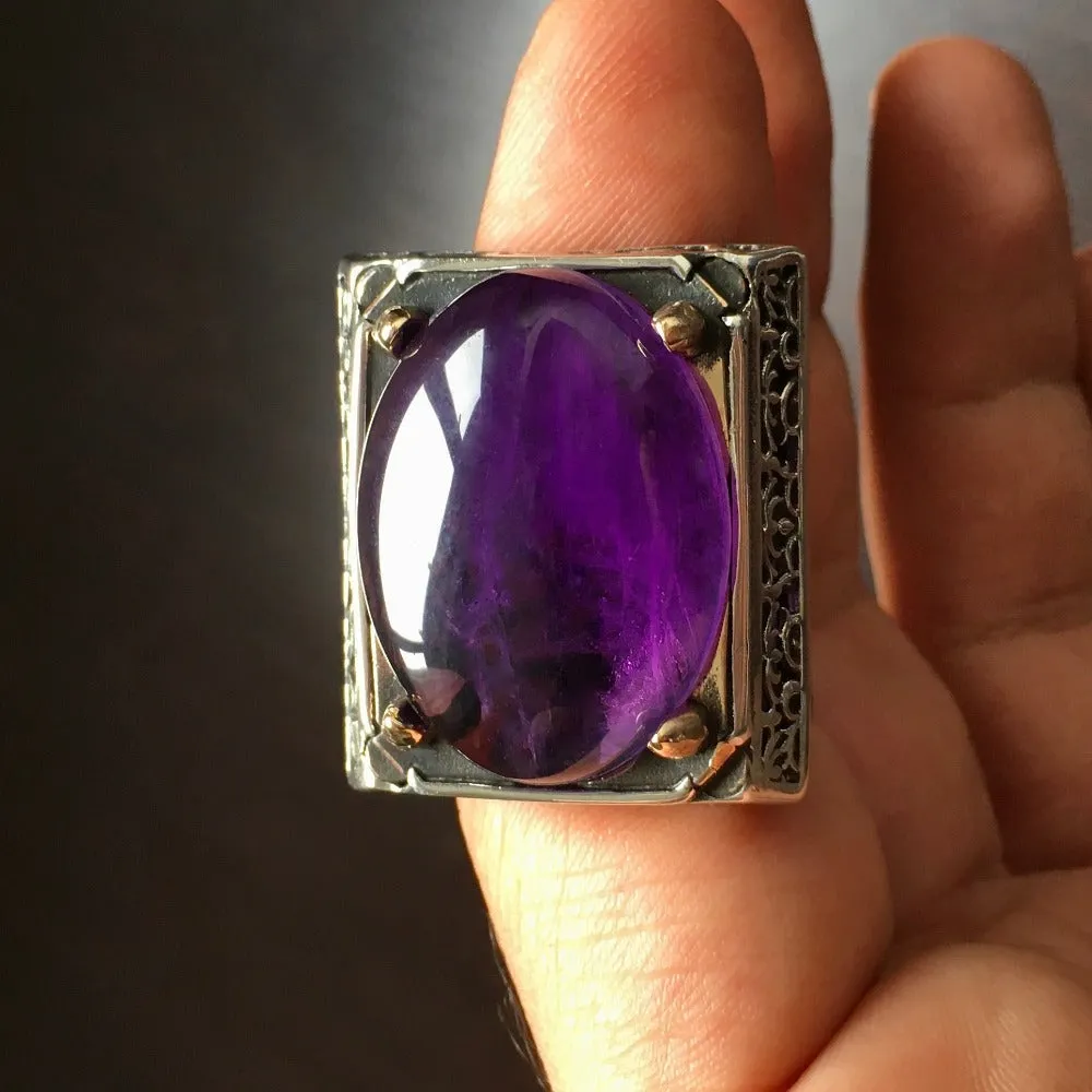 Big Mens Ring Amethyst Sterling Silver 39 ct Natural Gemstone Solid 925k Turkish Handmade Jewelry