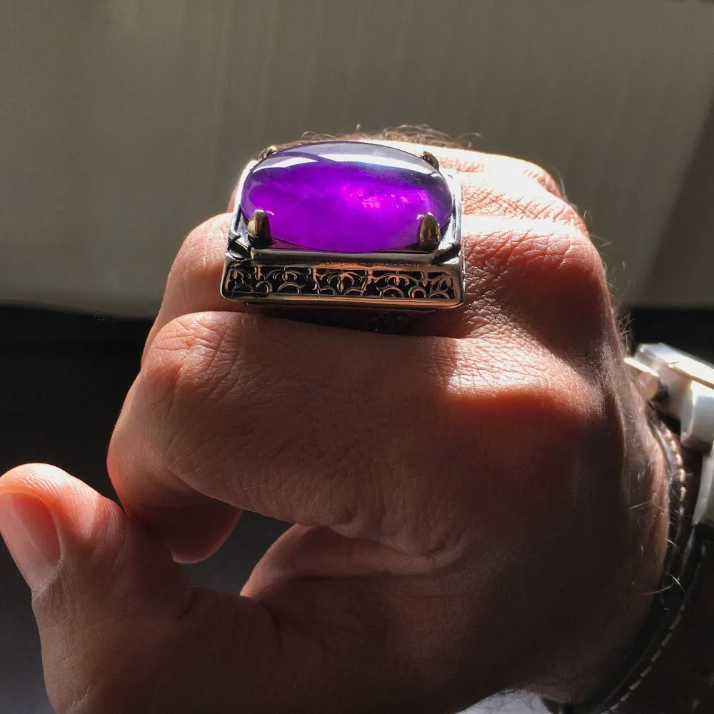 Big Mens Ring Amethyst Sterling Silver 39 ct Natural Gemstone Solid 925k Turkish Handmade Jewelry