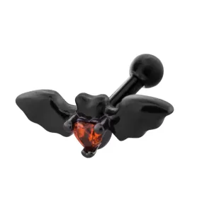 Black PVD Bat Heart Red CZ Cartilage Barbell