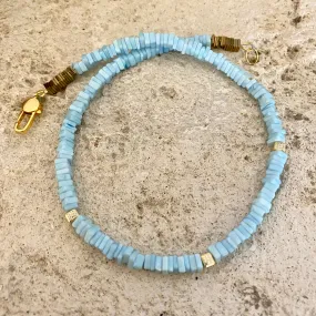 Blue Peru Opal Choker Necklace with Gold Vermeil Details and Lobster Clasp, 16in