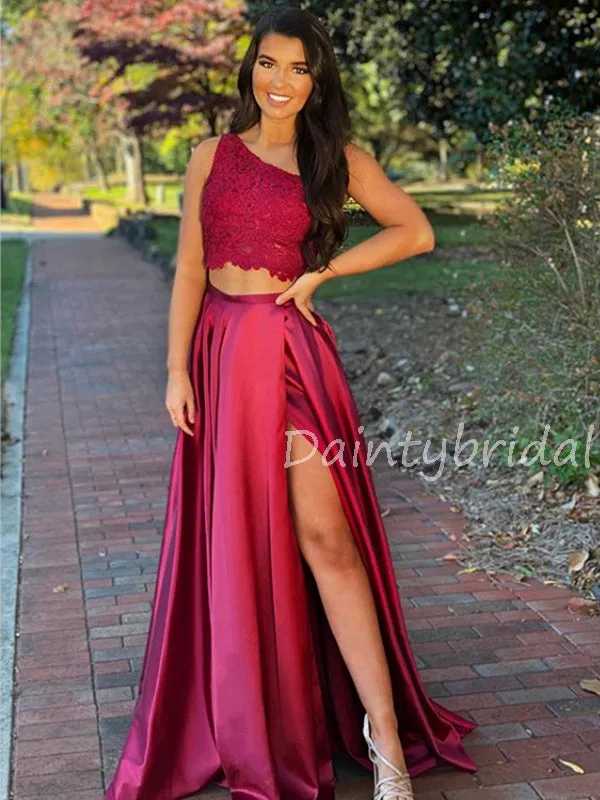 Charming One-shoulder Two-piece Satin Side Slit Long Prom Dresses Evening Dresses.DB10549