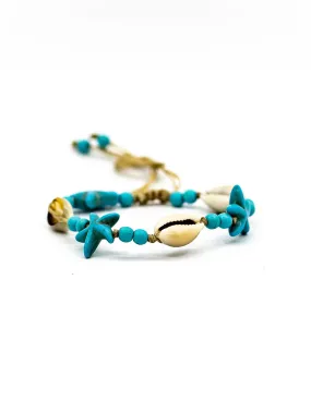 Cowrie And Turq Beads Starfish Bracelet