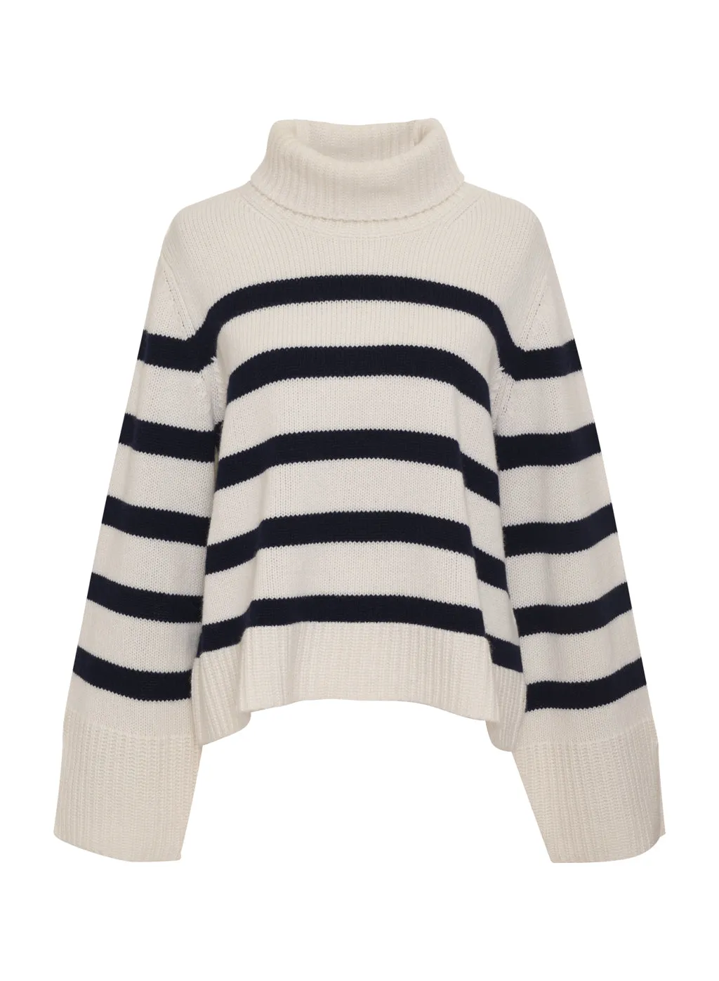 Cozy Cashmere Blend Stripe Turtleneck Sweater in Navy Stripe