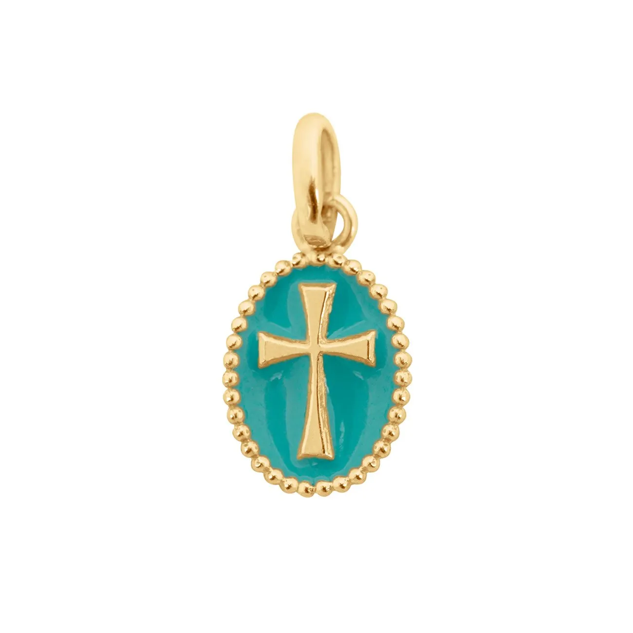 Cross Turquoise Green Resin pendant, Yellow Gold