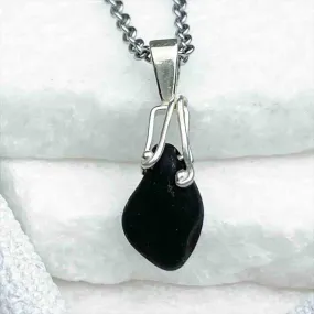 Dramatic Deep Black Sea Glass Pendant with Sterling Silver Bail | 5241