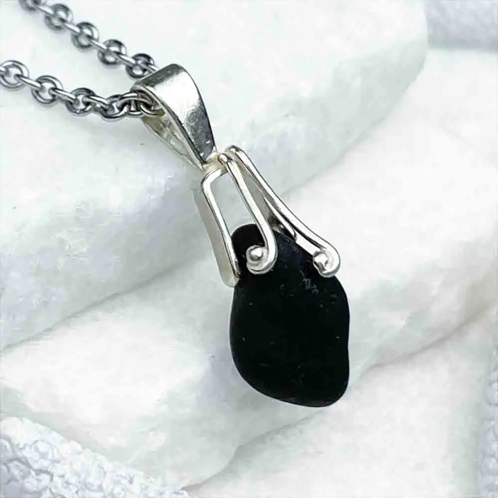 Dramatic Deep Black Sea Glass Pendant with Sterling Silver Bail | 5241