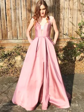 Dusty Pink Shiny Satin Bead Spaghetti Strap Rhinestone With Pockets Prom Dresses ,PD0121