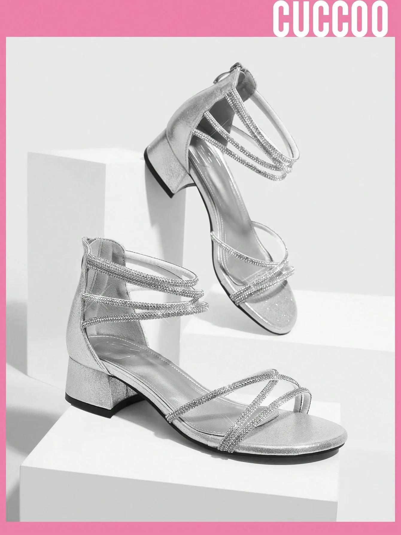 Fashionable Silver Rhinestone Decorated Low-Heeled Sandals With Back Zipper For Women For Spring And Summer