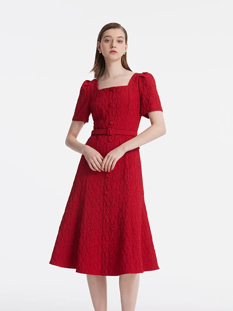 Jacquard Square Neck Single-Breasted Women Midi Dress With Belt