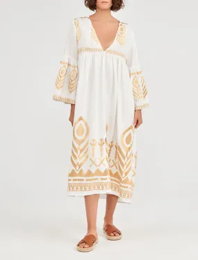 Kori Midi Linen Dress | White & Gold