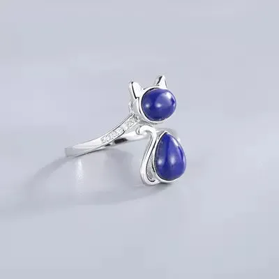 Lapis Lazuli Cat Ring in Solid 925 Sterling Silver