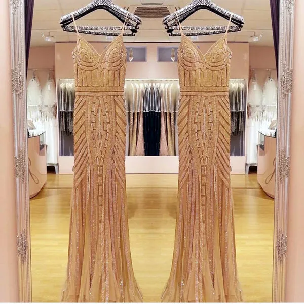 Luxurious Sheath Long Sweep Train Spaghetti Straps Sleeveless Prom Dresses