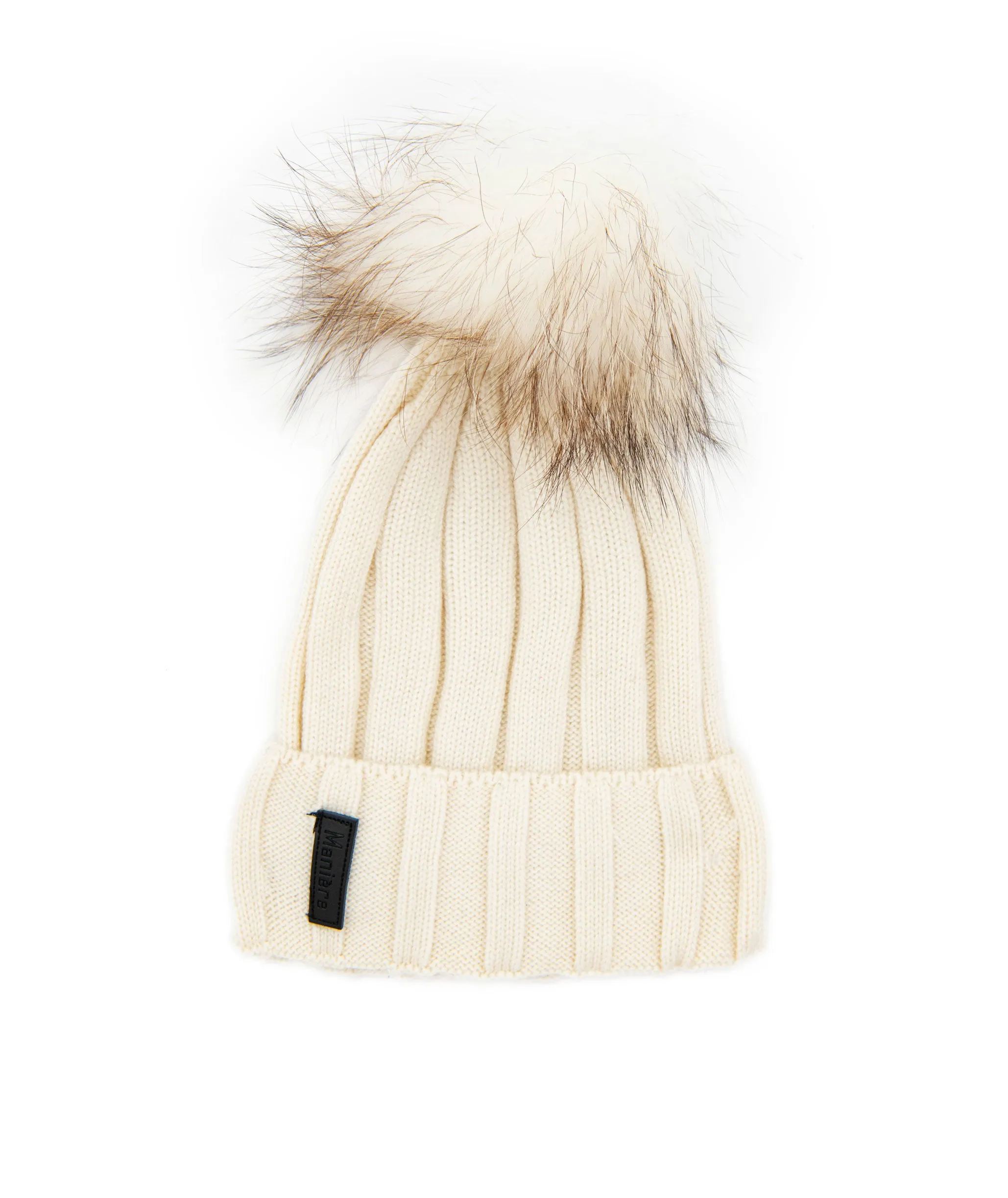 Maniere White Ribbed Merino Wool Hat With White Pom