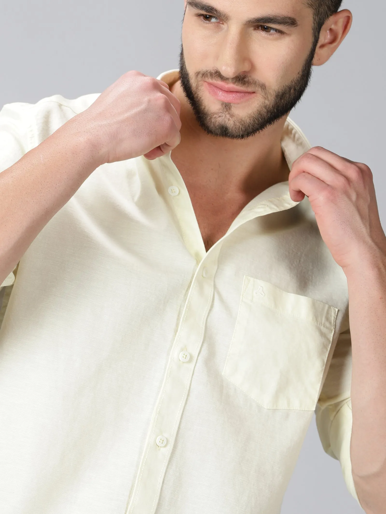 MEN'S COTTON LINEN YELLOW SOLID SLIM FIT SHIRT