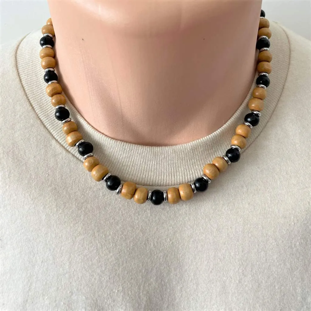 Mens Dark and Light Brown Wood Beaded Necklace