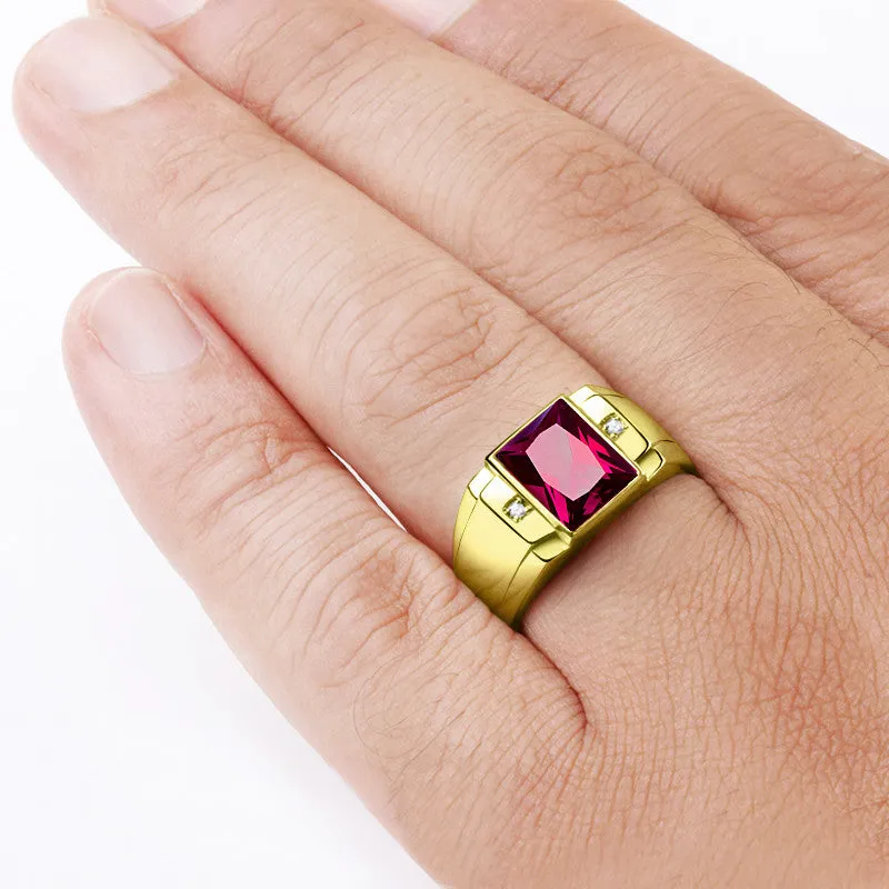 Men's Ring with Ruby Gemstone and Diamonds in 14k Yellow Gold