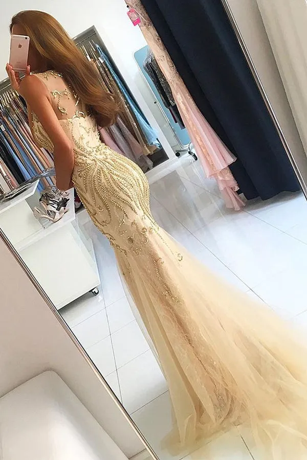 Mermaid Brush Train Sleeveless Layers Tulle Beading Prom Dresses