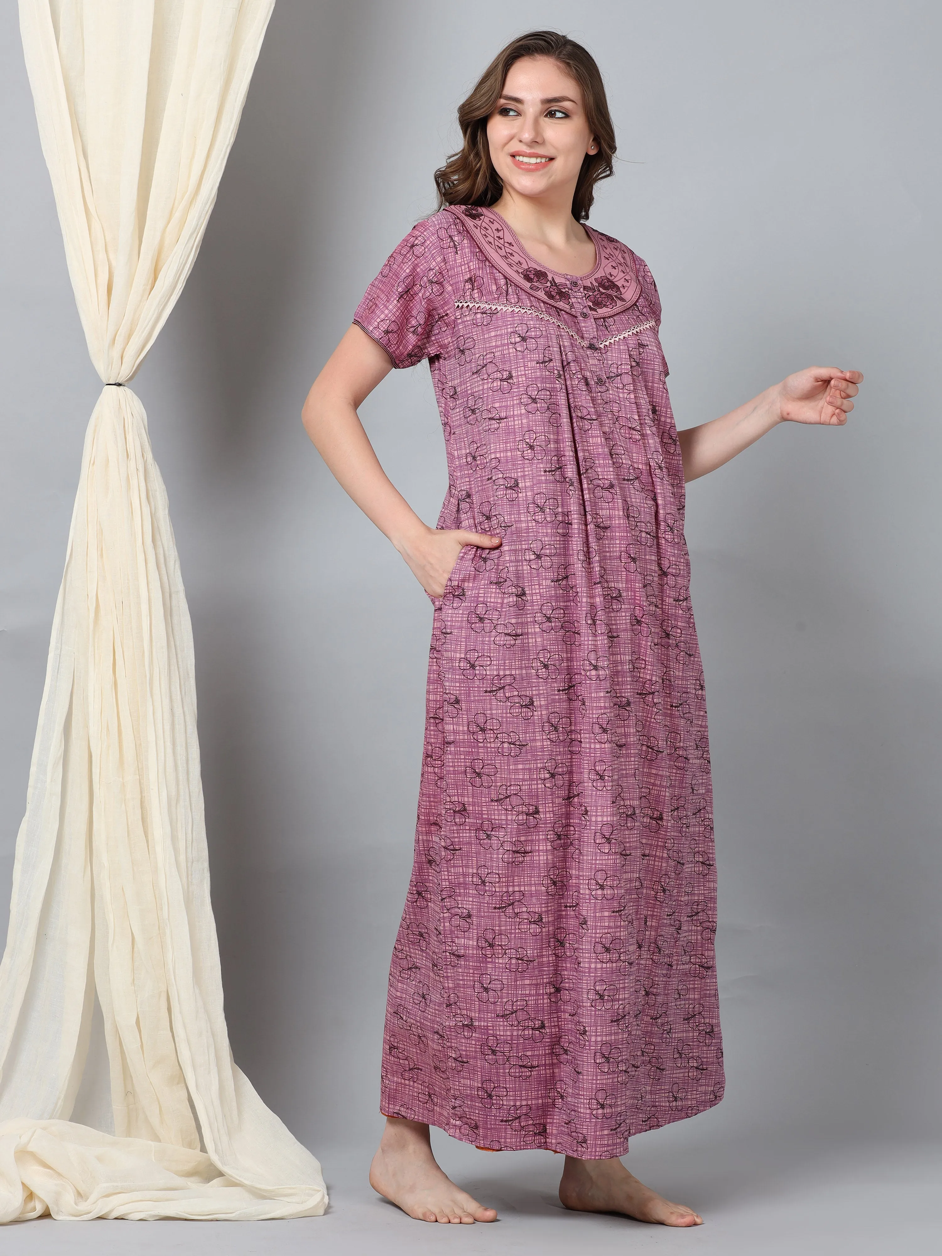 Micro Poly Viscose Pink Designer Long nighty