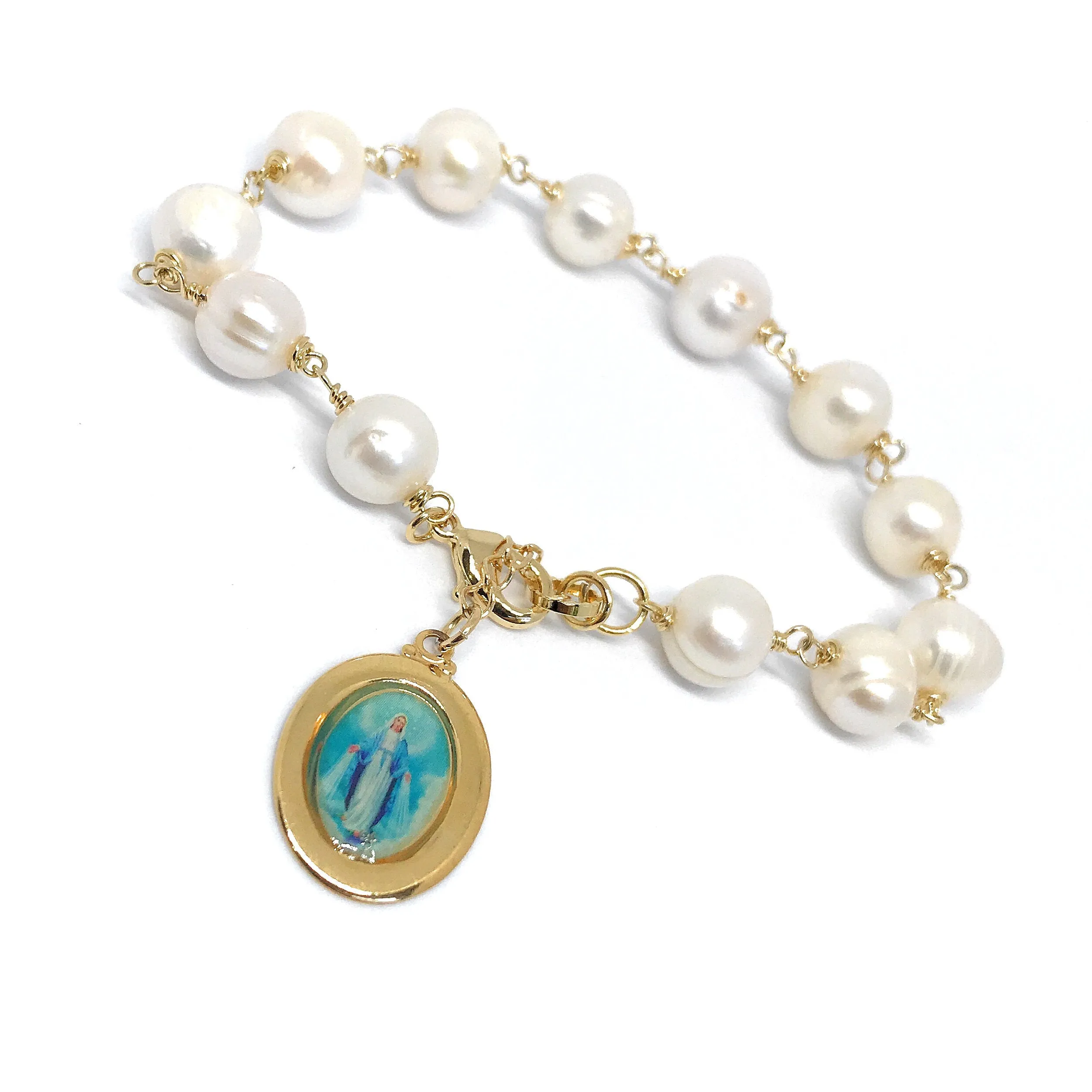 Miraculous Medal Bracelet, Freshwater Pearls Adjustable Bracelet, Gold and Pearls Bracelet, Virgin Mary Jewelry, religious Virgen Milagrosa