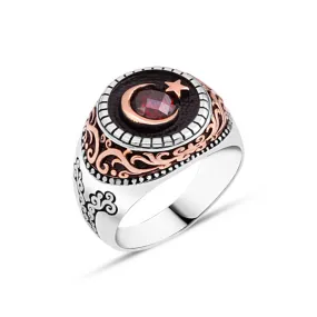 Moon and Star Around Facet Red Zircon on Small Circle Black Onyx Stone Silver Men's Ring with Wavy Top Pattern