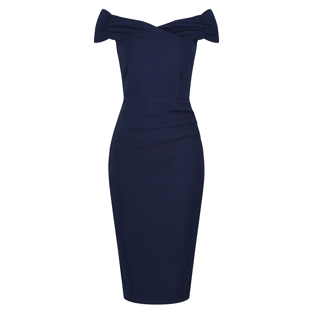 Navy Blue Cap Sleeve Crossover Top Bardot Wiggle Dress