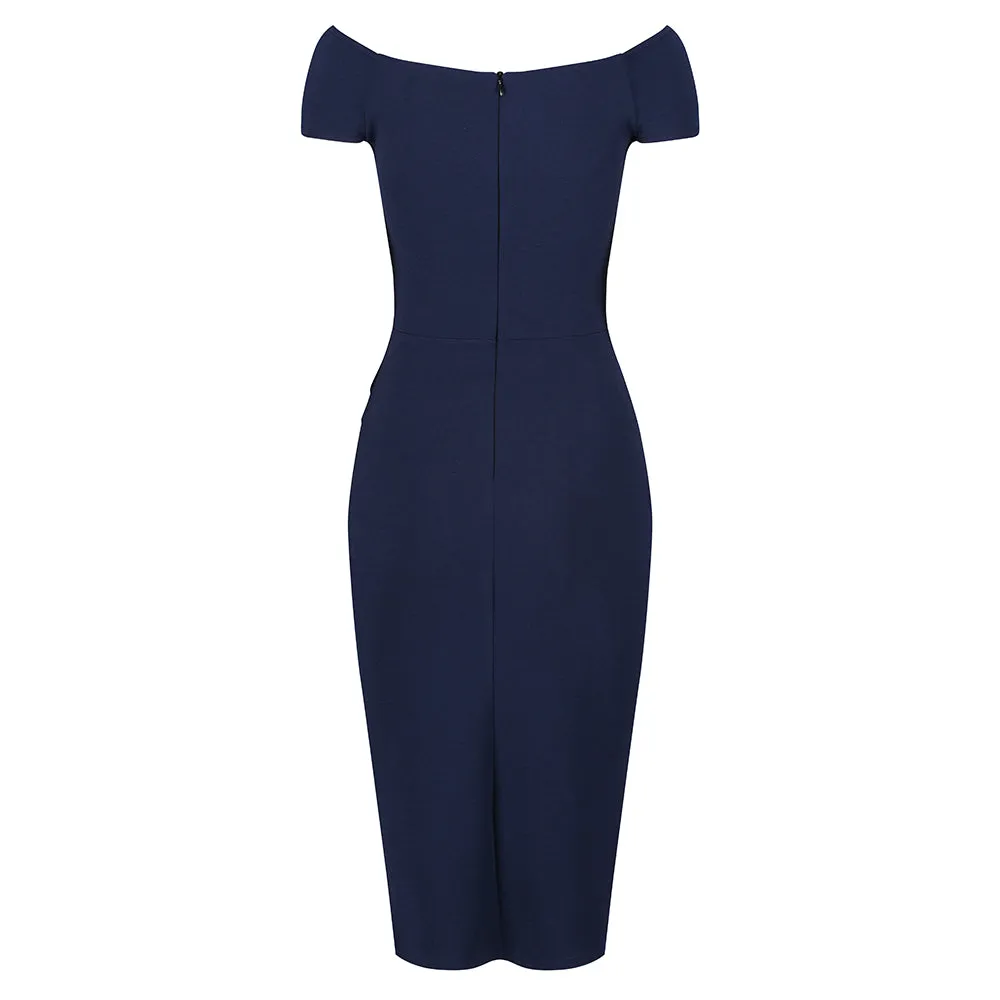 Navy Blue Cap Sleeve Crossover Top Bardot Wiggle Dress