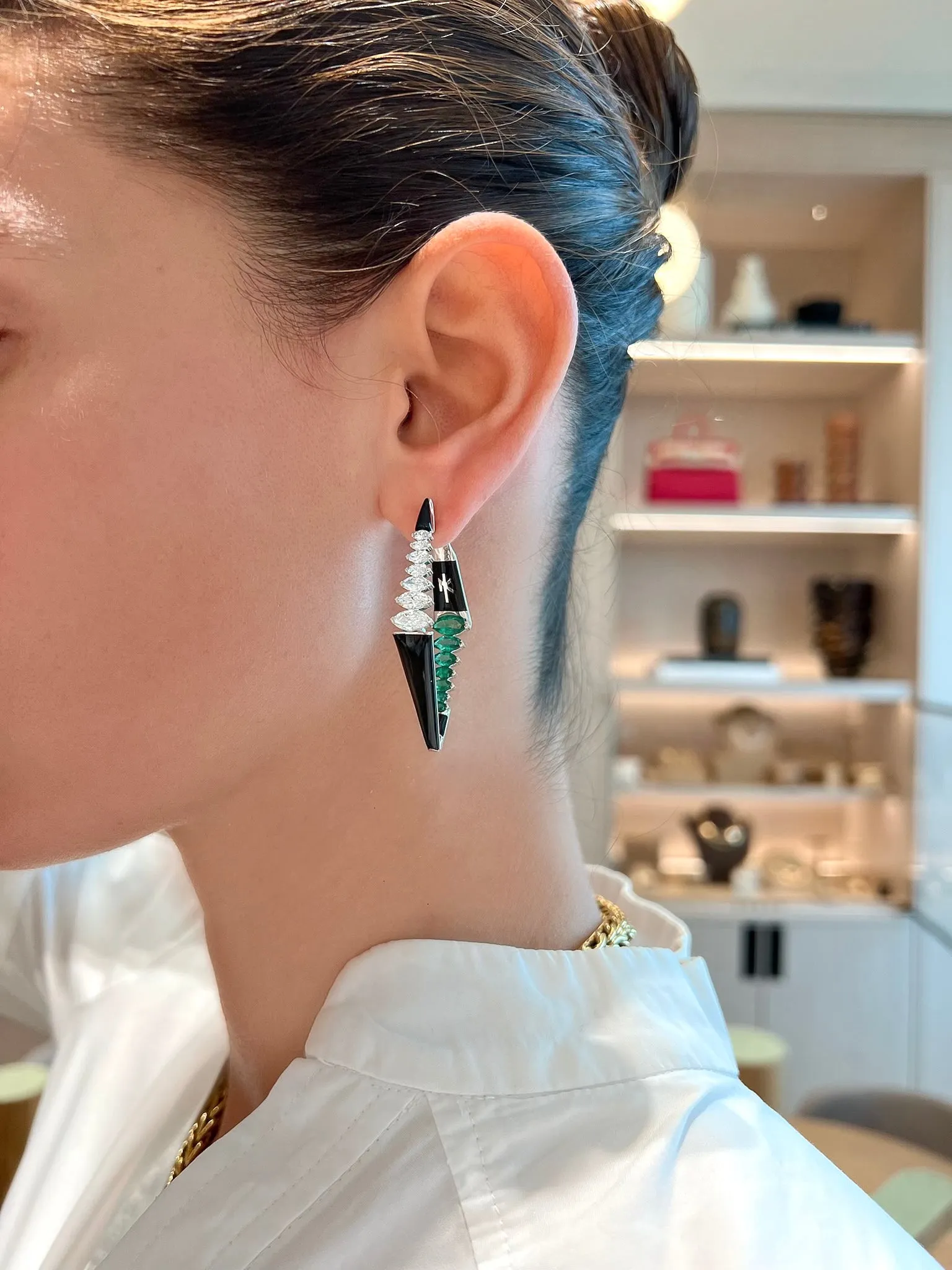 Oui Black Enamel Diamond & Emerald Hoops