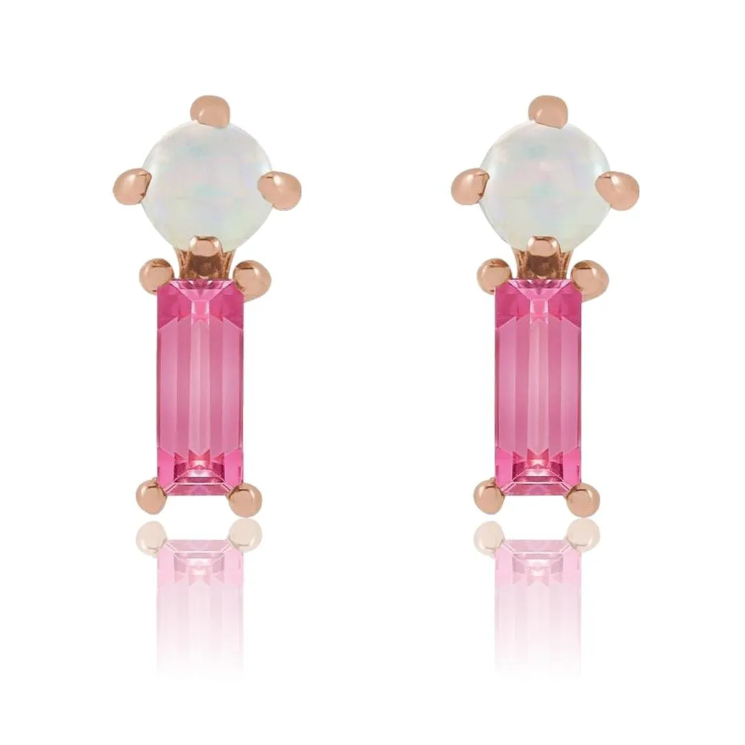 Pink Baguette Tourmaline & Opal Gold or Platinum Stud Earrings