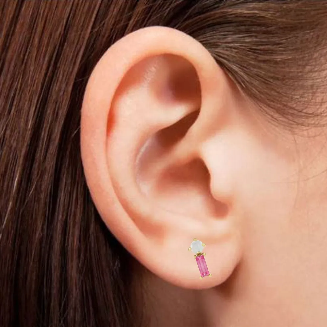 Pink Baguette Tourmaline & Opal Gold or Platinum Stud Earrings