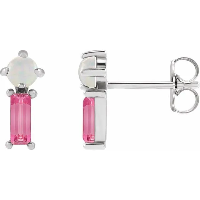 Pink Baguette Tourmaline & Opal Gold or Platinum Stud Earrings