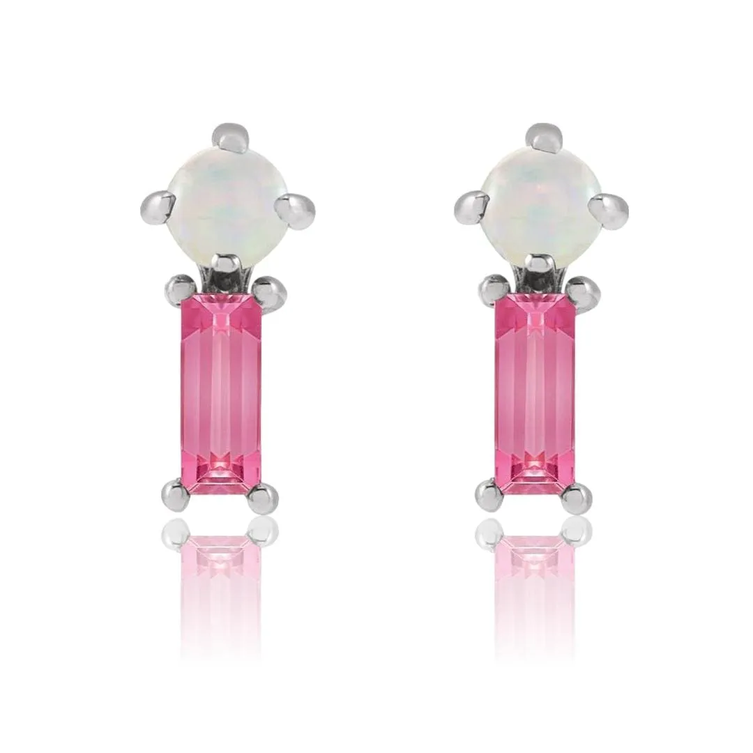 Pink Baguette Tourmaline & Opal Gold or Platinum Stud Earrings