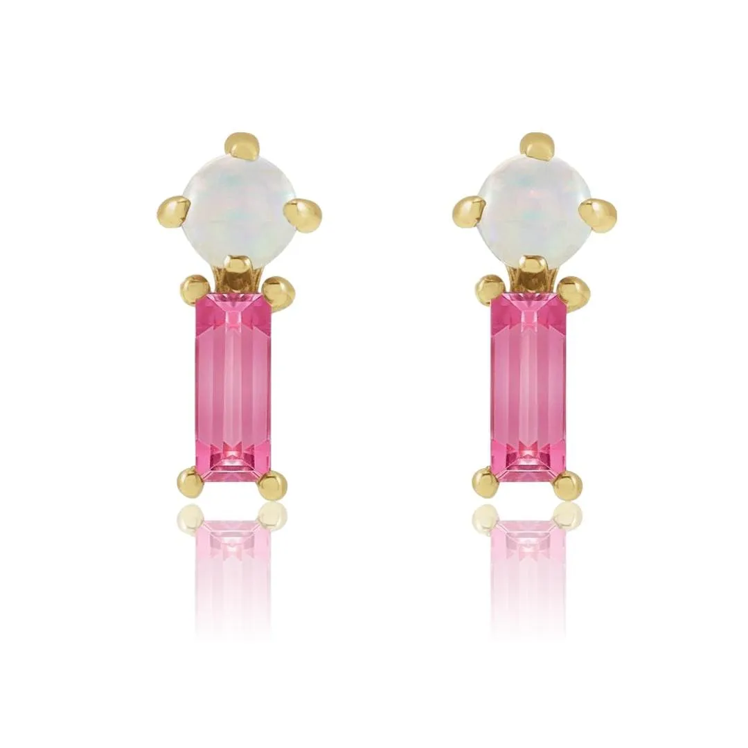 Pink Baguette Tourmaline & Opal Gold or Platinum Stud Earrings