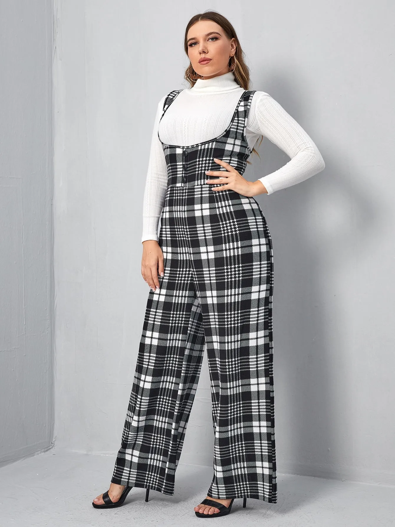 Plus Button Front Plaid Pinafore Jumpsuit Without Top